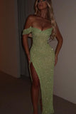 Elegant Sage High Slit Evening Dresses Sequin Maxi Dress