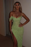Elegant Sage High Slit Evening Dresses Sequin Maxi Dress