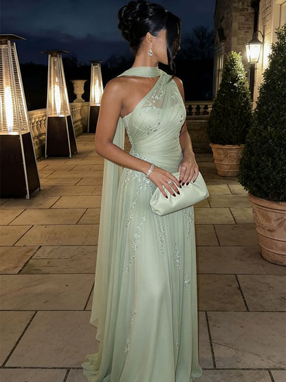 Light Green One Shoulder Fitted Formal Evening Gown with Intricate Embroidery