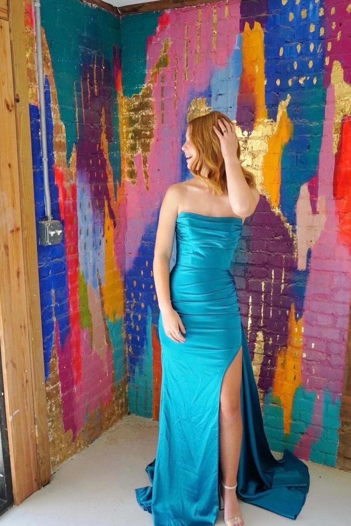 Mermaid Ruched Red Senior Prom Dress With Slit Strapless