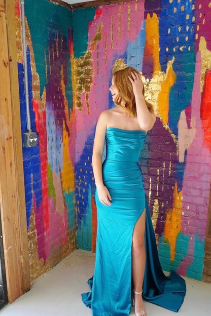 Mermaid Ruched Red Senior Prom Dress With Slit Strapless