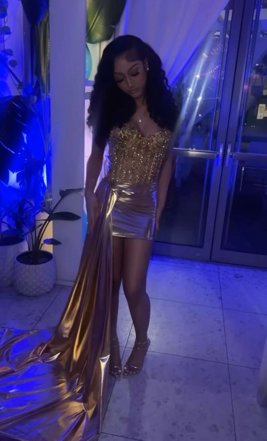 Sparkly Gold Strapless Short Dress with Long Train