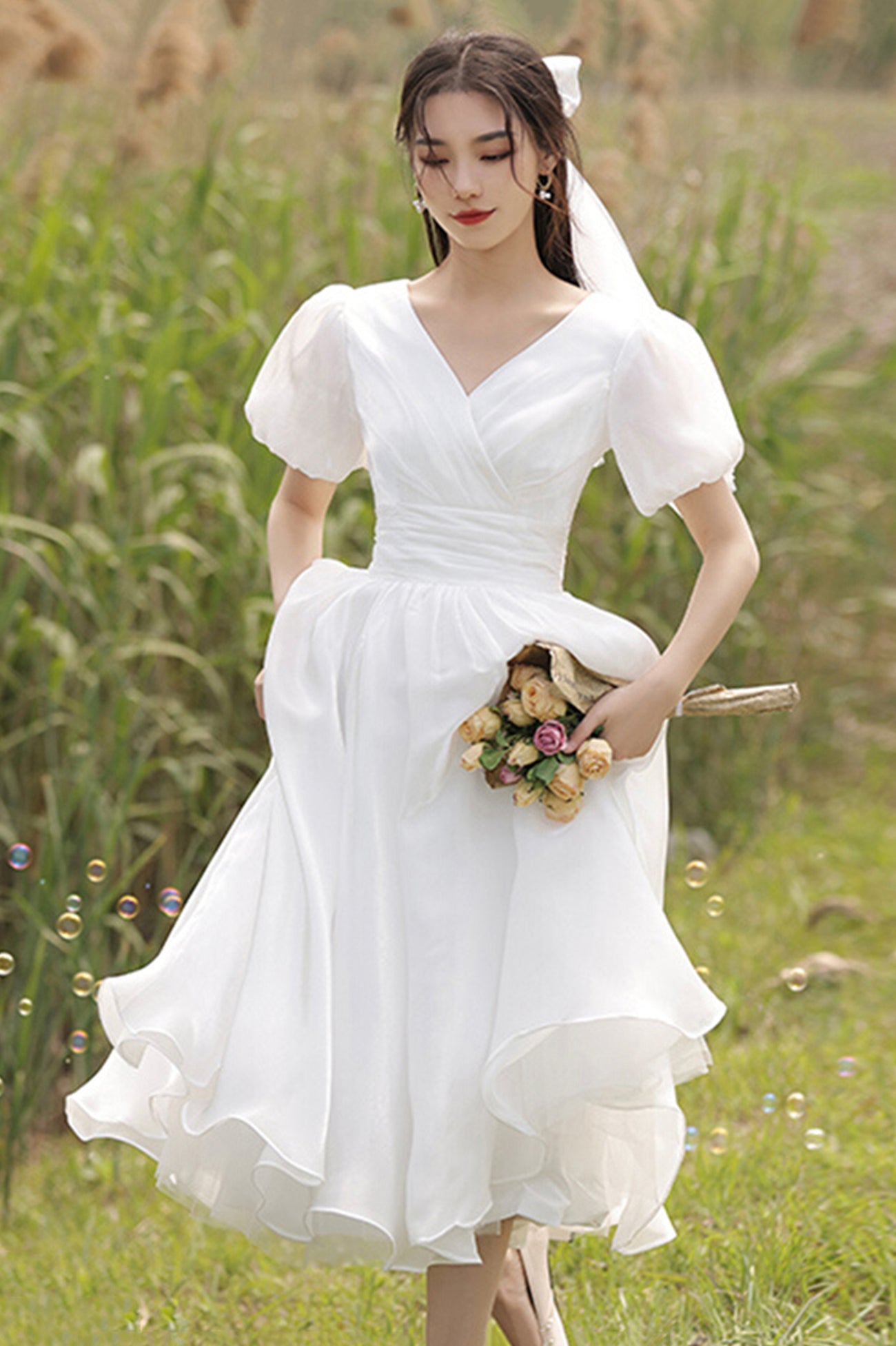 White Organza Short Prom Dress, A-Line Short Wedding Dresses – jkprom