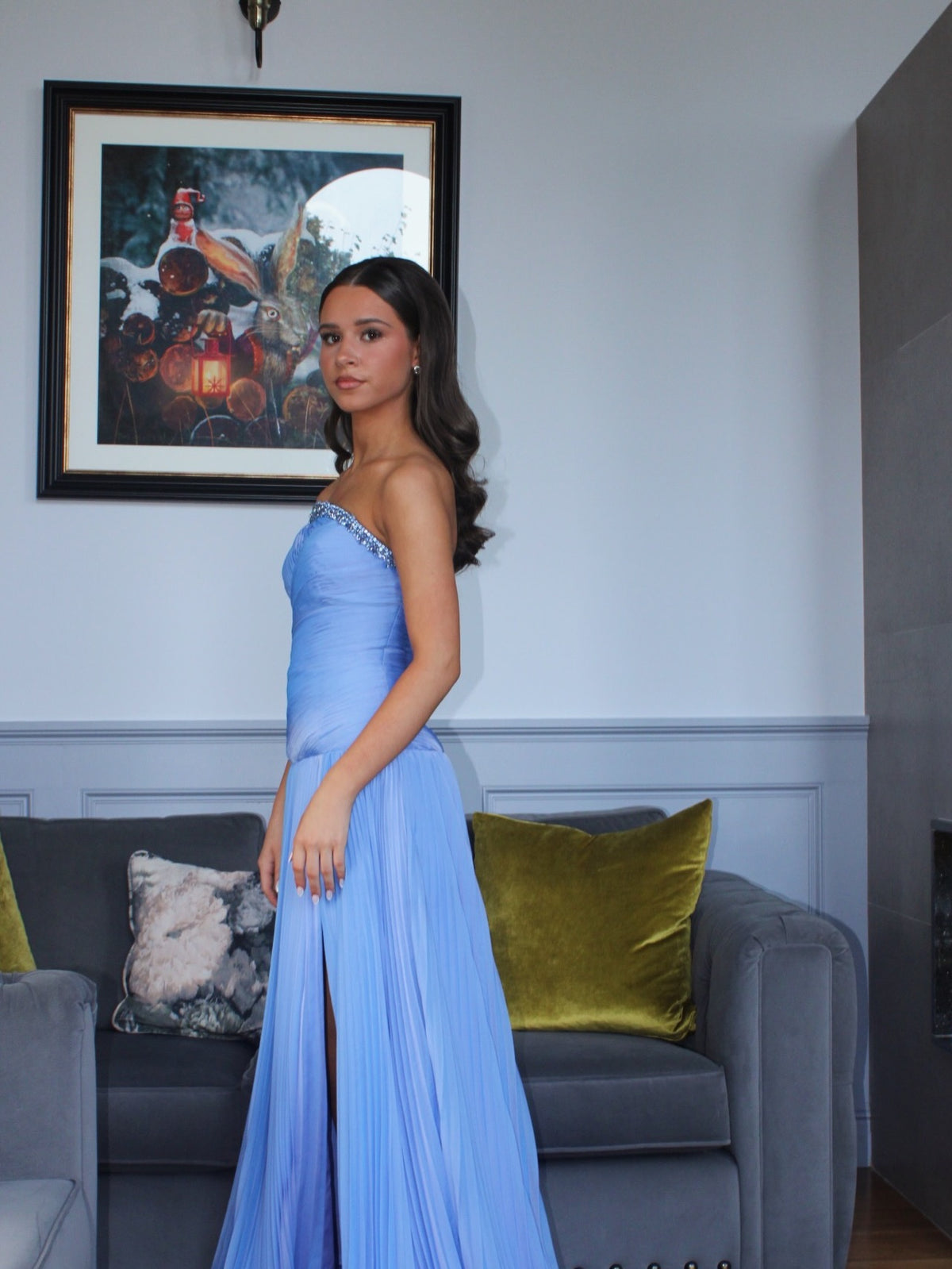 Blue Strapless Evening Gown Shimmering Beaded Neckline