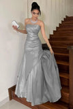 Fancy Silver Mermaid Prom Dress Satin Strapless Maxi Gown Long