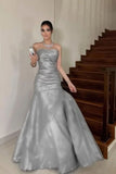 Fancy Silver Mermaid Prom Dress Satin Strapless Maxi Gown Long