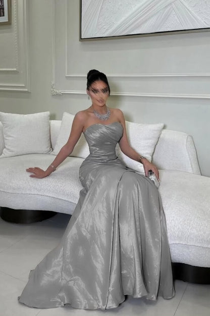 Fancy Silver Mermaid Prom Dress Satin Strapless Maxi Gown Long