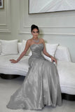 Fancy Silver Mermaid Prom Dress Satin Strapless Maxi Gown Long