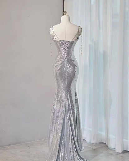 Silver Mermaid Style Prom Dresses Sequin Long Holiday Dress Party