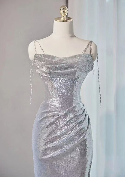 Silver Mermaid Style Prom Dresses Sequin Long Holiday Dress Party