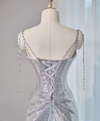 Silver Mermaid Style Prom Dresses Sequin Long Holiday Dress Party