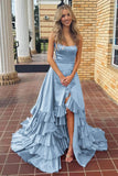 Strapless A Line Lace-Up Ruffled Tiered Prom Dress with Slit