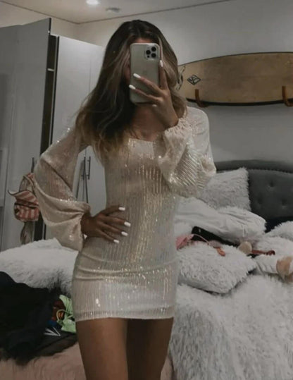 Glitter Long Sleeve Cocktail Dress Tight Graduation Dresses Short