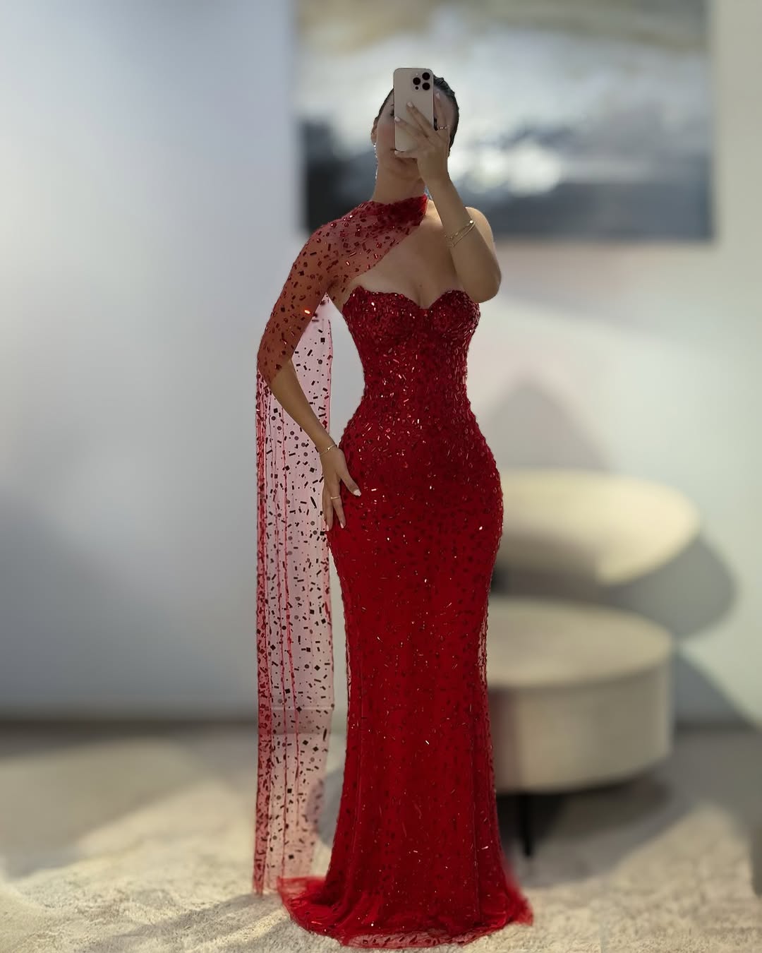 Sparkly Red Prom Dresses Long Full Crystal Formal Outfit with Scarf