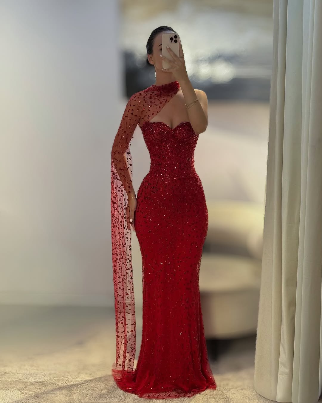 Sparkly Red Prom Dresses Long Full Crystal Formal Outfit with Scarf