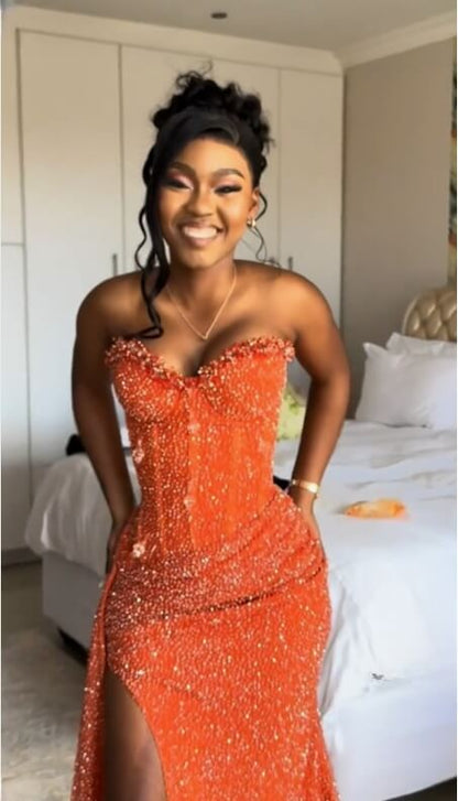 Elegant Orange Mermaid Long Prom Dresses with Slit Evening Party Dress