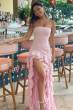 Designers Pink Ruffled Prom Dress Leg Split Night Dresses Party