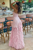 Designers Pink Ruffled Prom Dress Leg Split Night Dresses Party