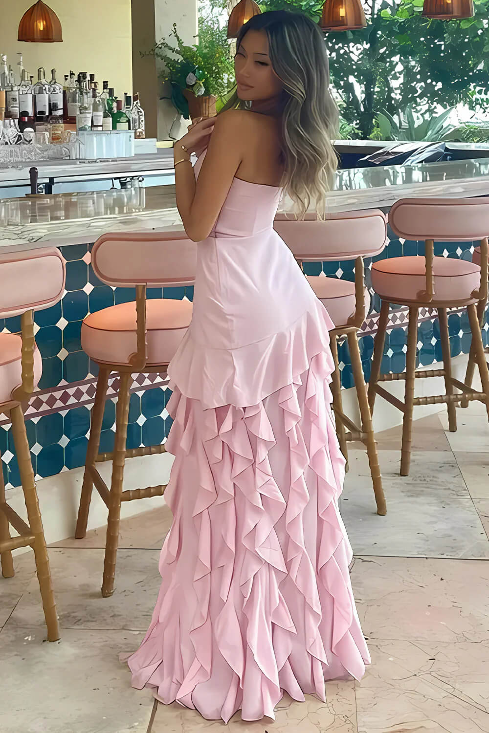 Designers Pink Ruffled Prom Dress Leg Split Night Dresses Party