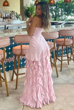 Designers Pink Ruffled Prom Dress Leg Split Night Dresses Party