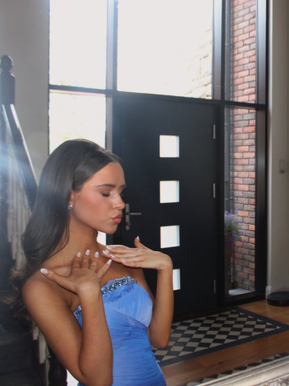 Blue Strapless Evening Gown Shimmering Beaded Neckline