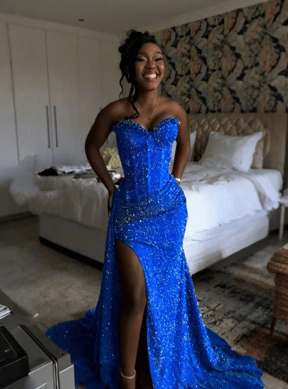 Orange Mermaid Long Prom Dress Evening Party Dresses with Slit