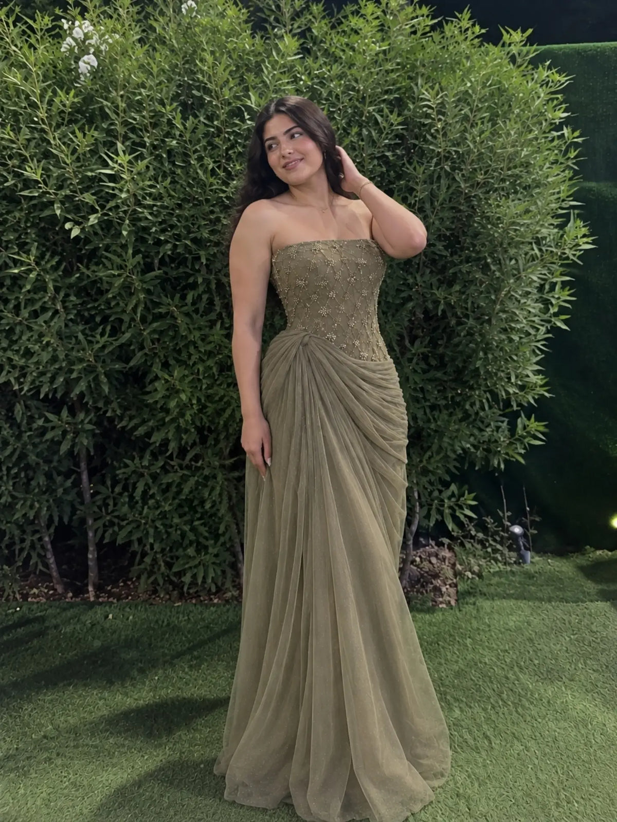 Elegant Olive Green Strapless Gown Beaded Bodice Draped Tulle Long Formal Dresses