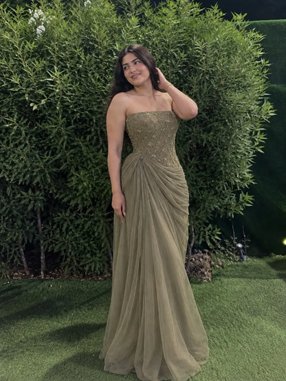 Elegant Olive Green Strapless Gown Beaded Bodice Draped Tulle Long Formal Dresses