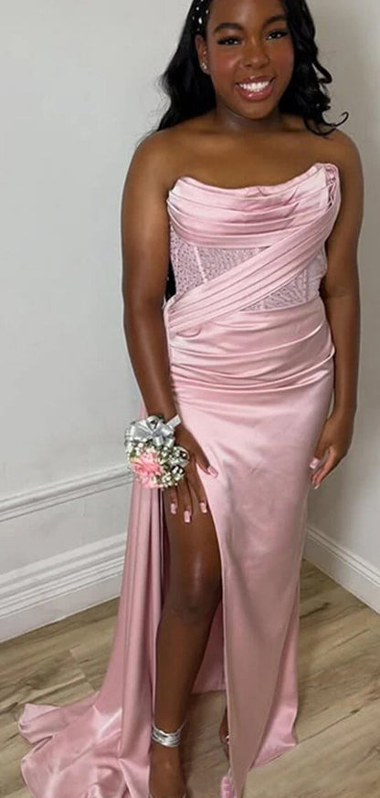 Thigh-high Slit Pink Satin Strapless Corset Prom Dress