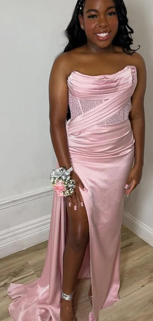 Thigh-high Slit Pink Satin Strapless Corset Prom Dress