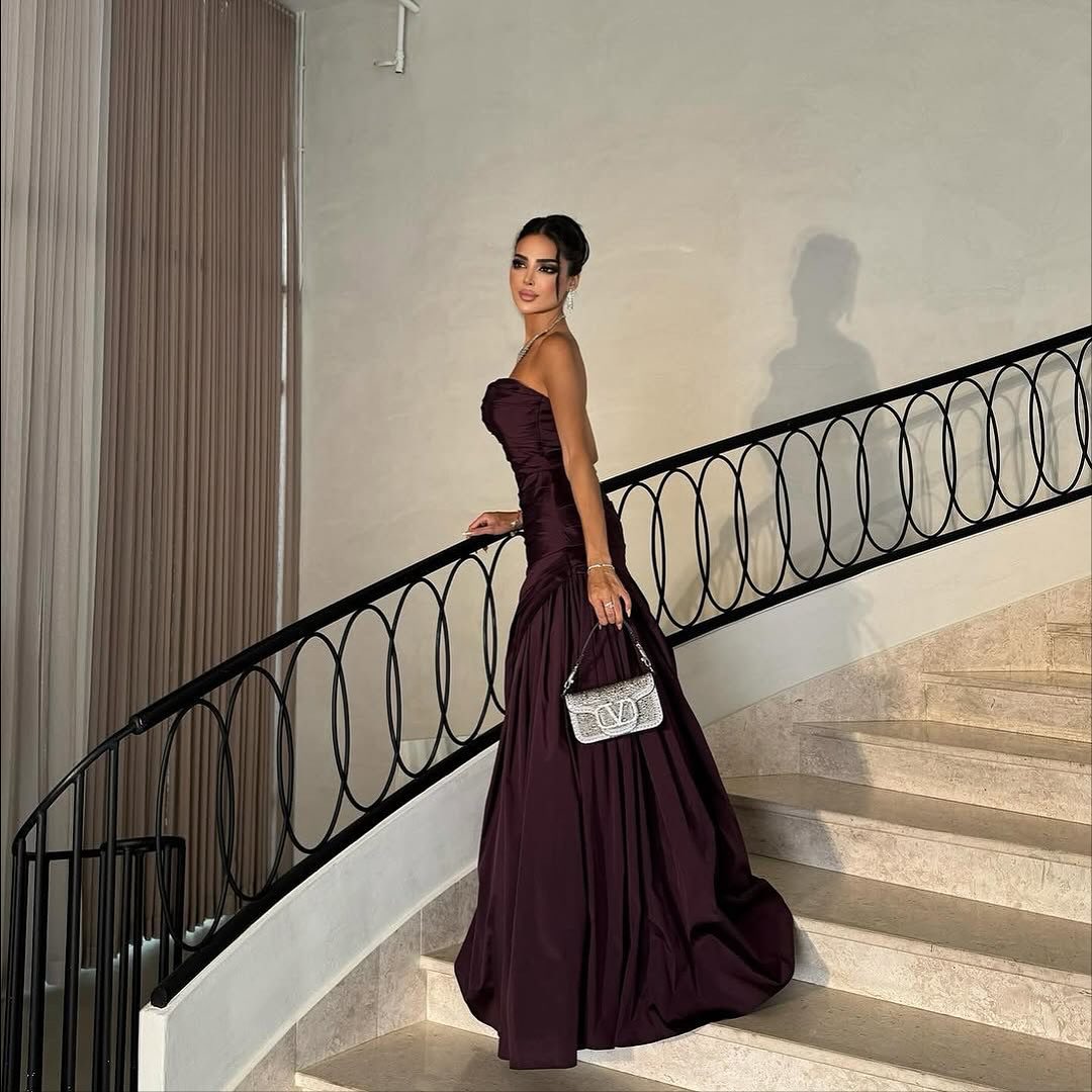 Dark Purple Strapless Gown Ruched Bodice Floor Length