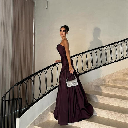 Dark Purple Strapless Gown Ruched Bodice Floor Length