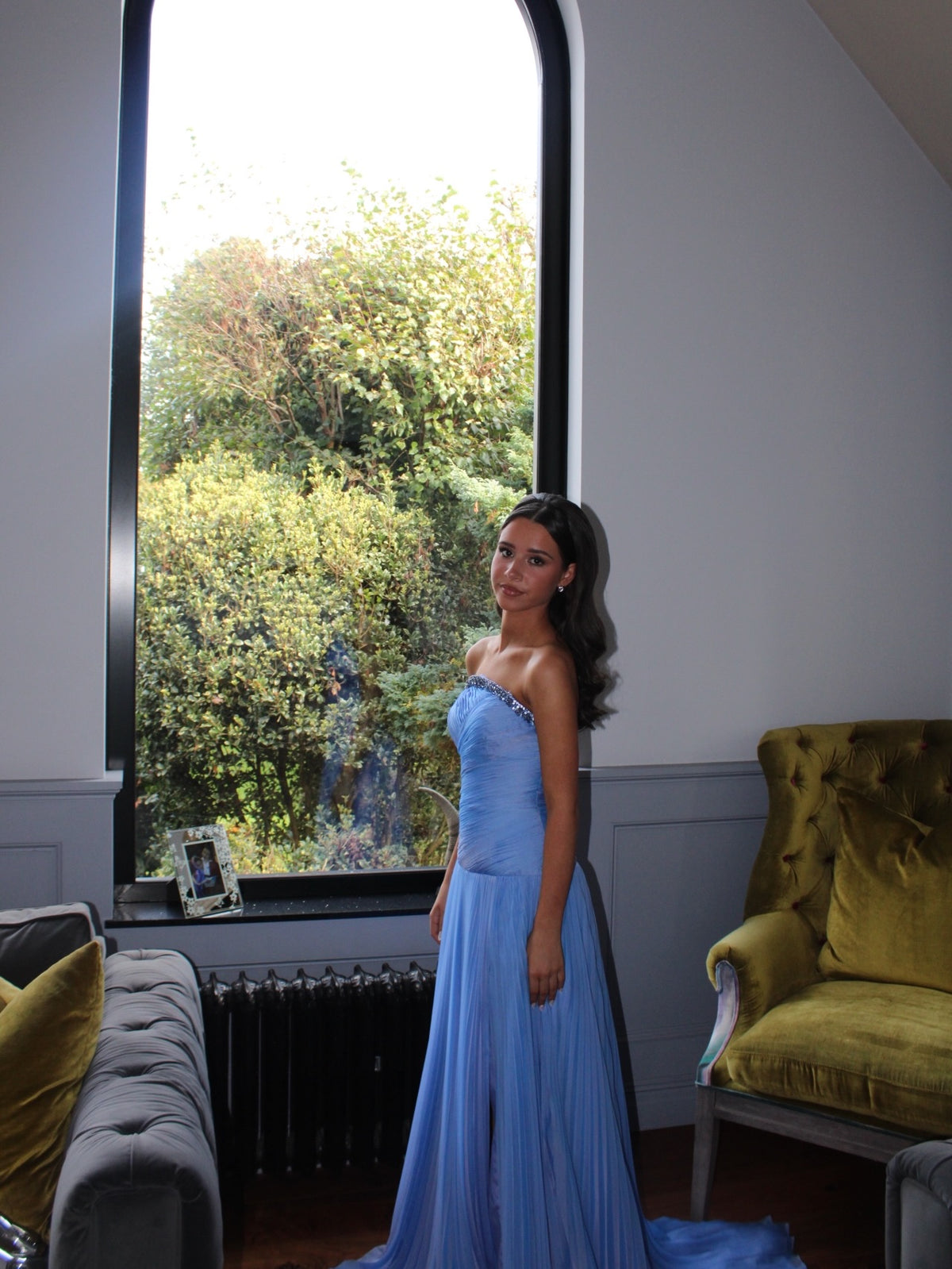 Blue Strapless Evening Gown Shimmering Beaded Neckline