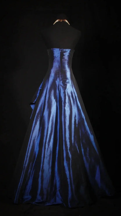 Vintage Ball Gown Strapless Navy Blue Beaded Long Prom Dresses Formal Evening Dress