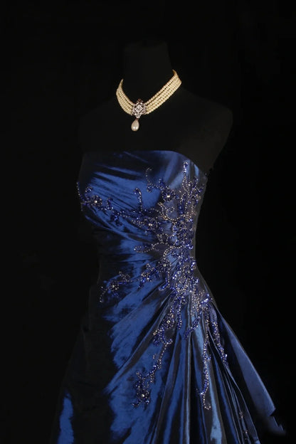 Vintage Ball Gown Strapless Navy Blue Beaded Long Prom Dresses Formal Evening Dress