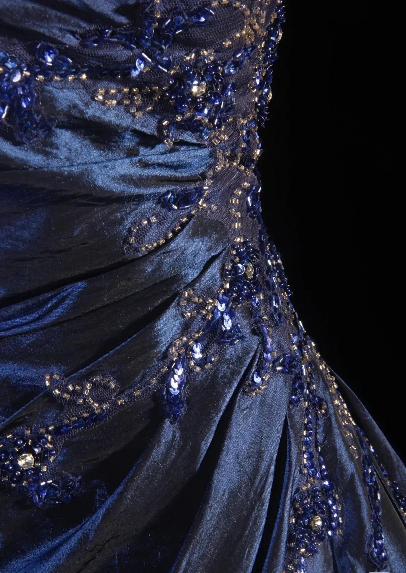 Vintage Ball Gown Strapless Navy Blue Beaded Long Prom Dresses Formal Evening Dress