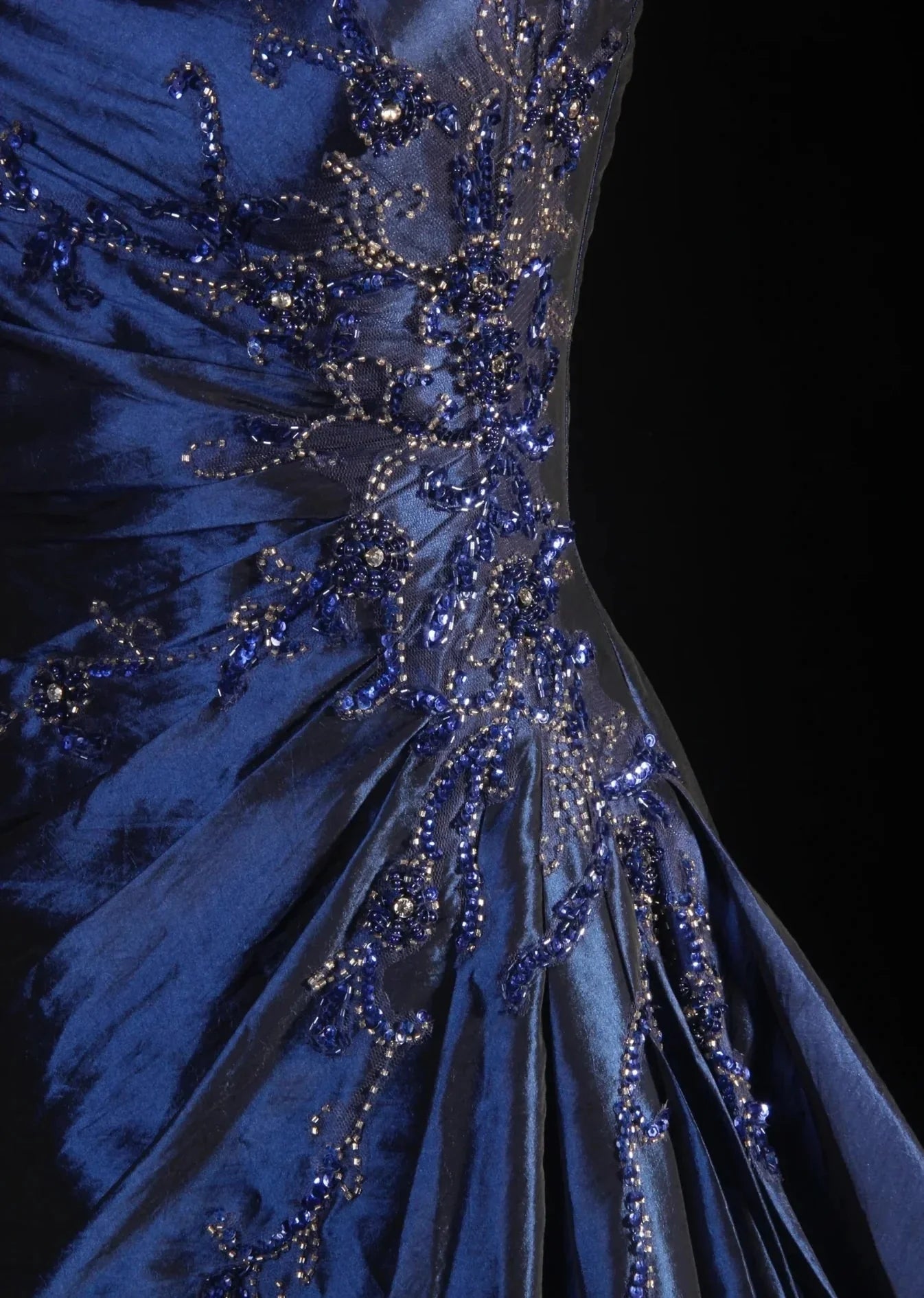 Vintage Ball Gown Strapless Navy Blue Beaded Long Prom Dresses Formal Evening Dress