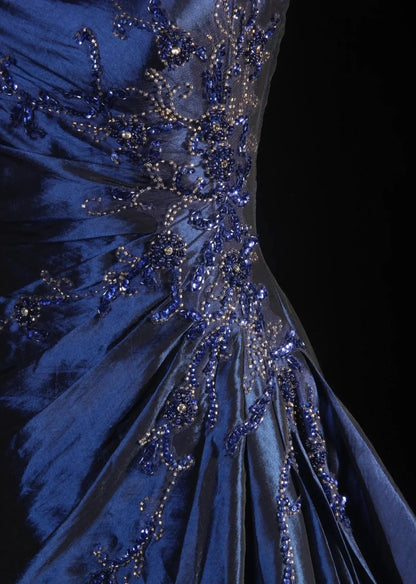 Vintage Ball Gown Strapless Navy Blue Beaded Long Prom Dresses Formal Evening Dress