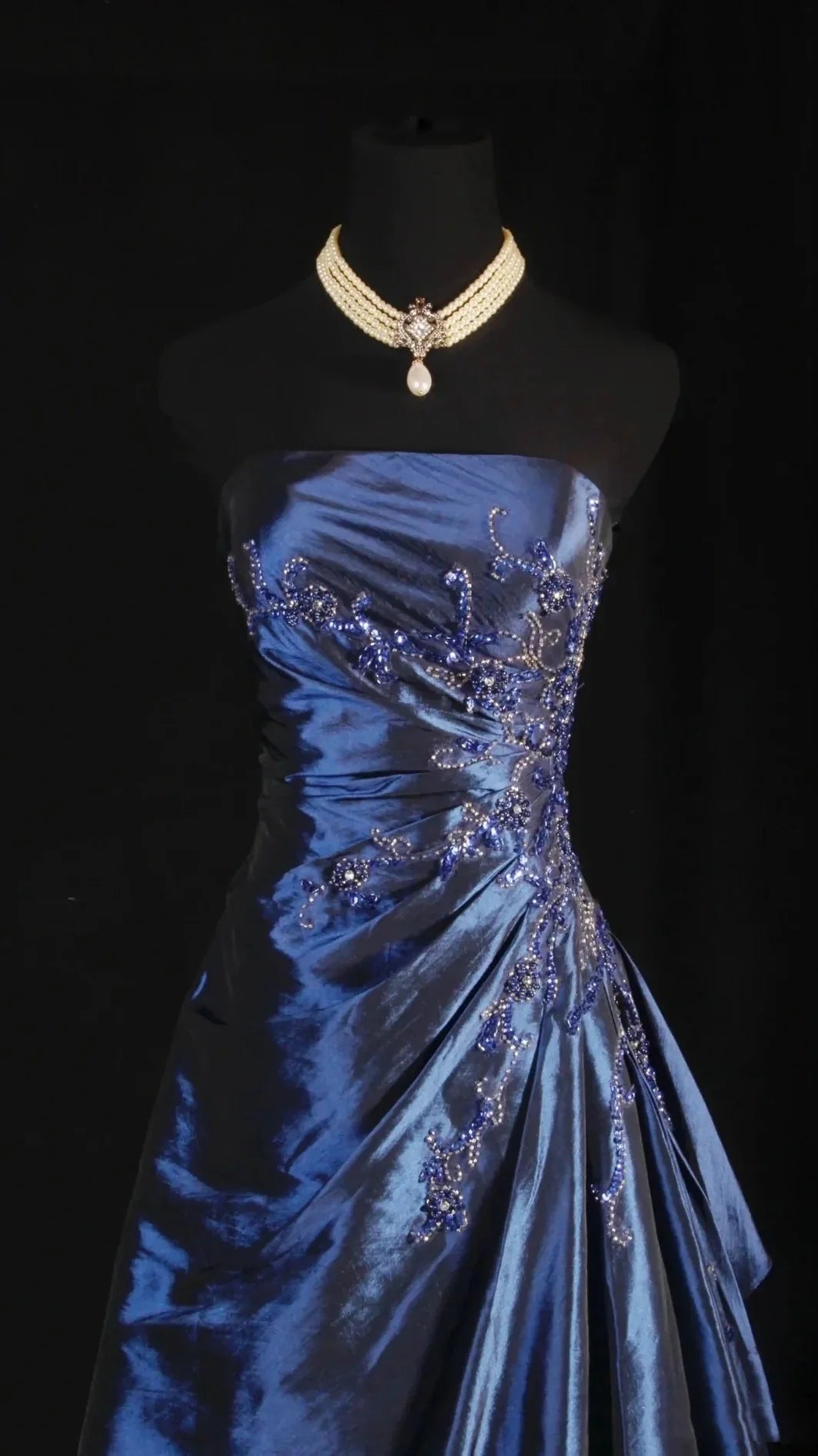 Vintage Ball Gown Strapless Navy Blue Beaded Long Prom Dresses Formal Evening Dress