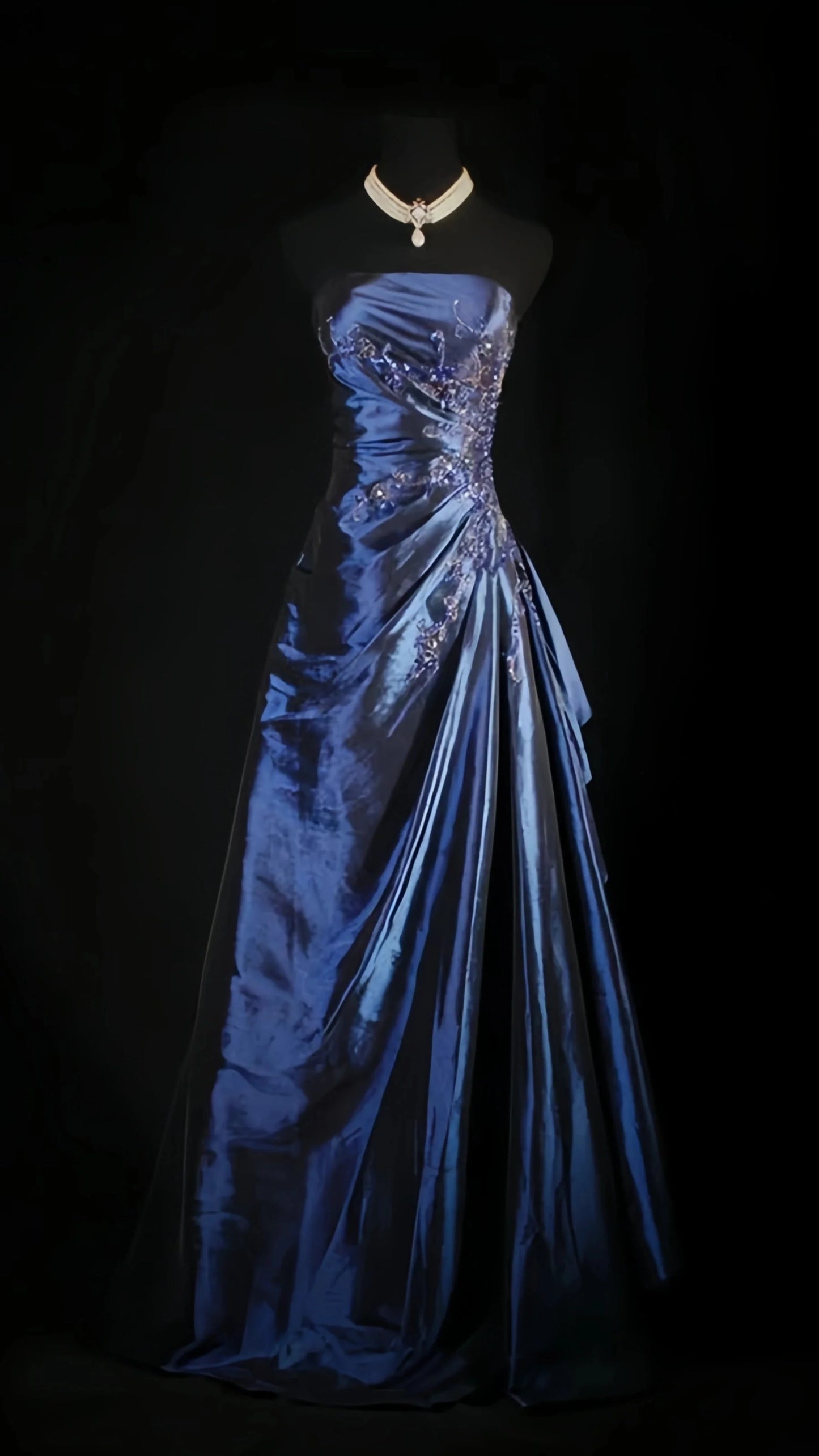 Vintage Ball Gown Strapless Navy Blue Beaded Long Prom Dresses Formal Evening Dress