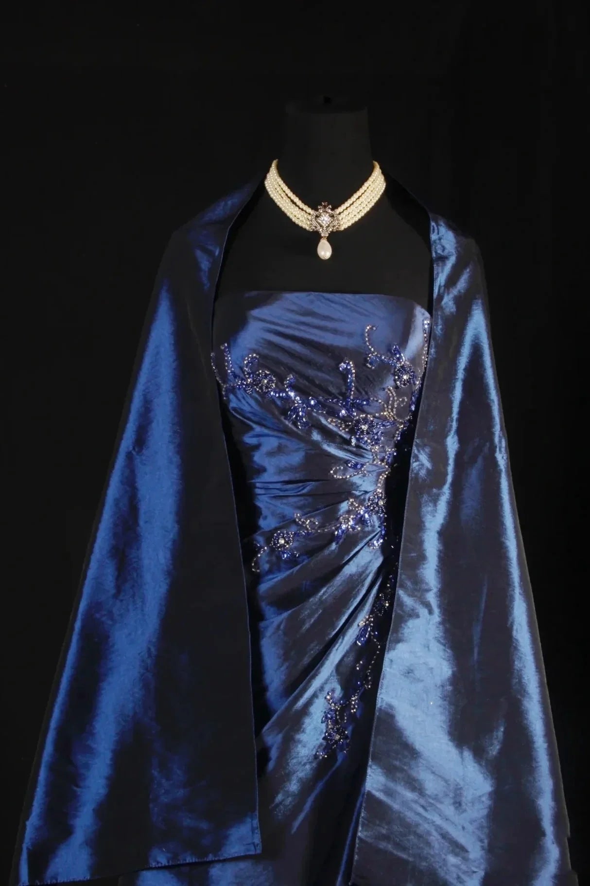 Vintage Ball Gown Strapless Navy Blue Beaded Long Prom Dresses Formal Evening Dress