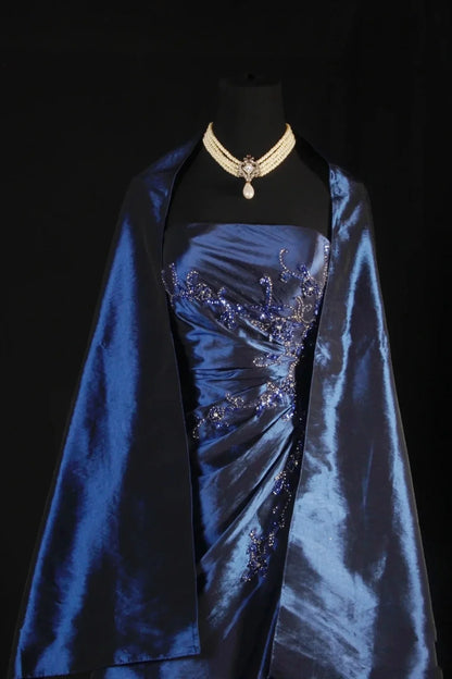 Vintage Ball Gown Strapless Navy Blue Beaded Long Prom Dresses Formal Evening Dress