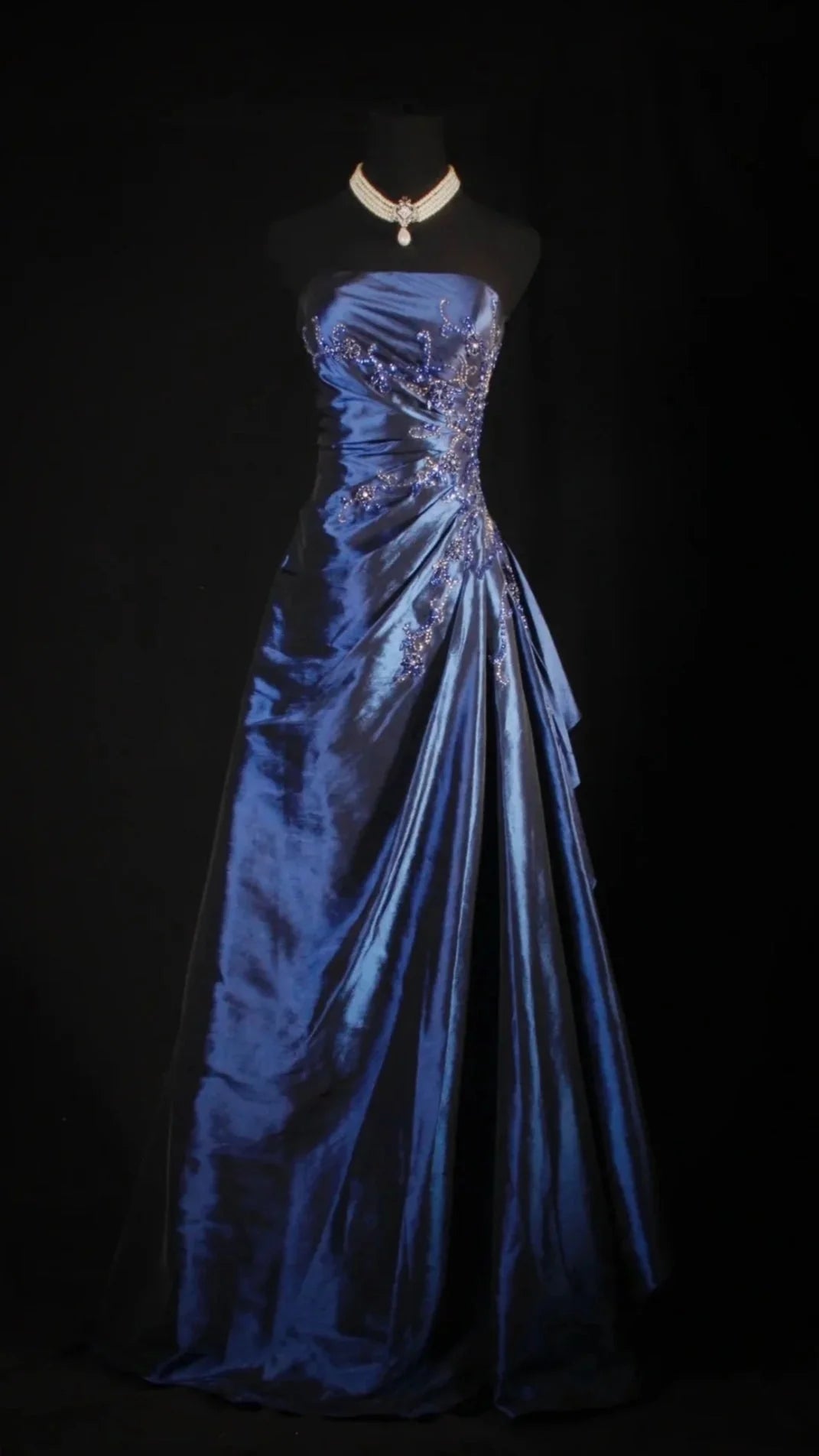 Vintage Ball Gown Strapless Navy Blue Beaded Long Prom Dresses Formal Evening Dress