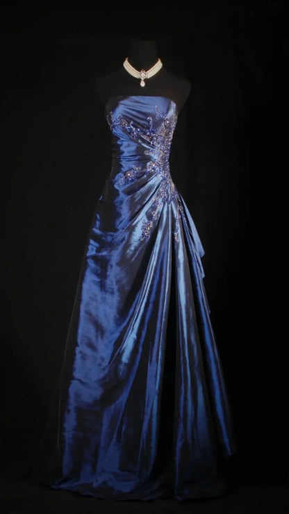 Vintage Ball Gown Strapless Navy Blue Beaded Long Prom Dresses Formal Evening Dress