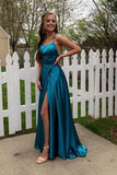 Simple Prom Dress Long Strapless Satin Formal Evening Gown Party with Slit
