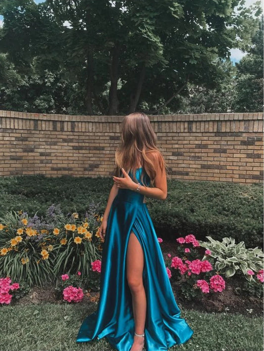 Simple Prom Dress Long Strapless Satin Formal Evening Gown Party with Slit