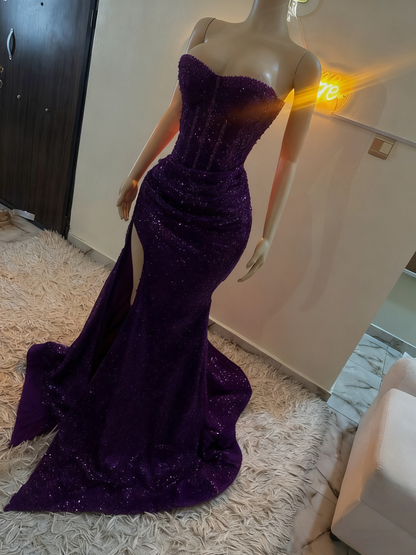 Stunning Mermaid Red Formal Dresses Strapless Leg Slit Prom Dress Tight