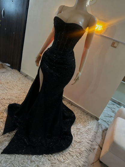 Stunning Mermaid Red Formal Dresses Strapless Leg Slit Prom Dress Tight