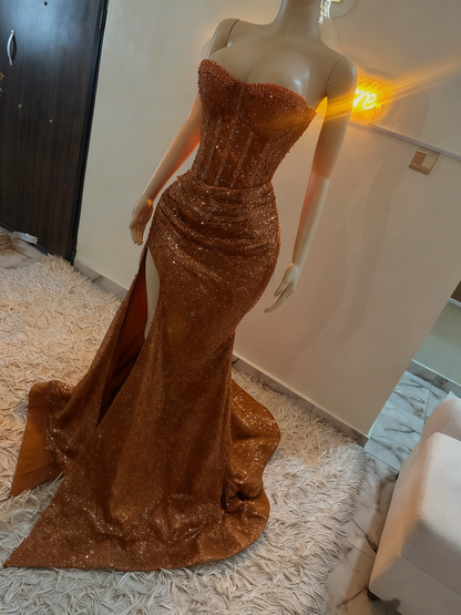 Stunning Mermaid Red Formal Dresses Strapless Leg Slit Prom Dress Tight