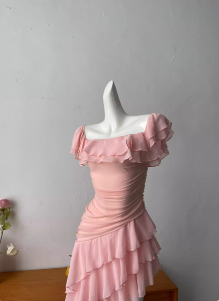 Sweet Pink Square Neck Ruffle Irregular Chiffon Long Prom Dress Evening Gown